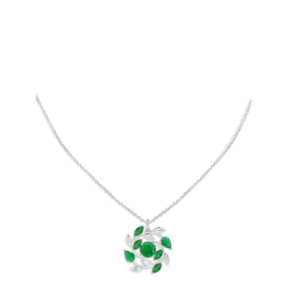 7mm AA Round and Marquise Emerald Olive Branch Pendant in 18K White Gold pen
