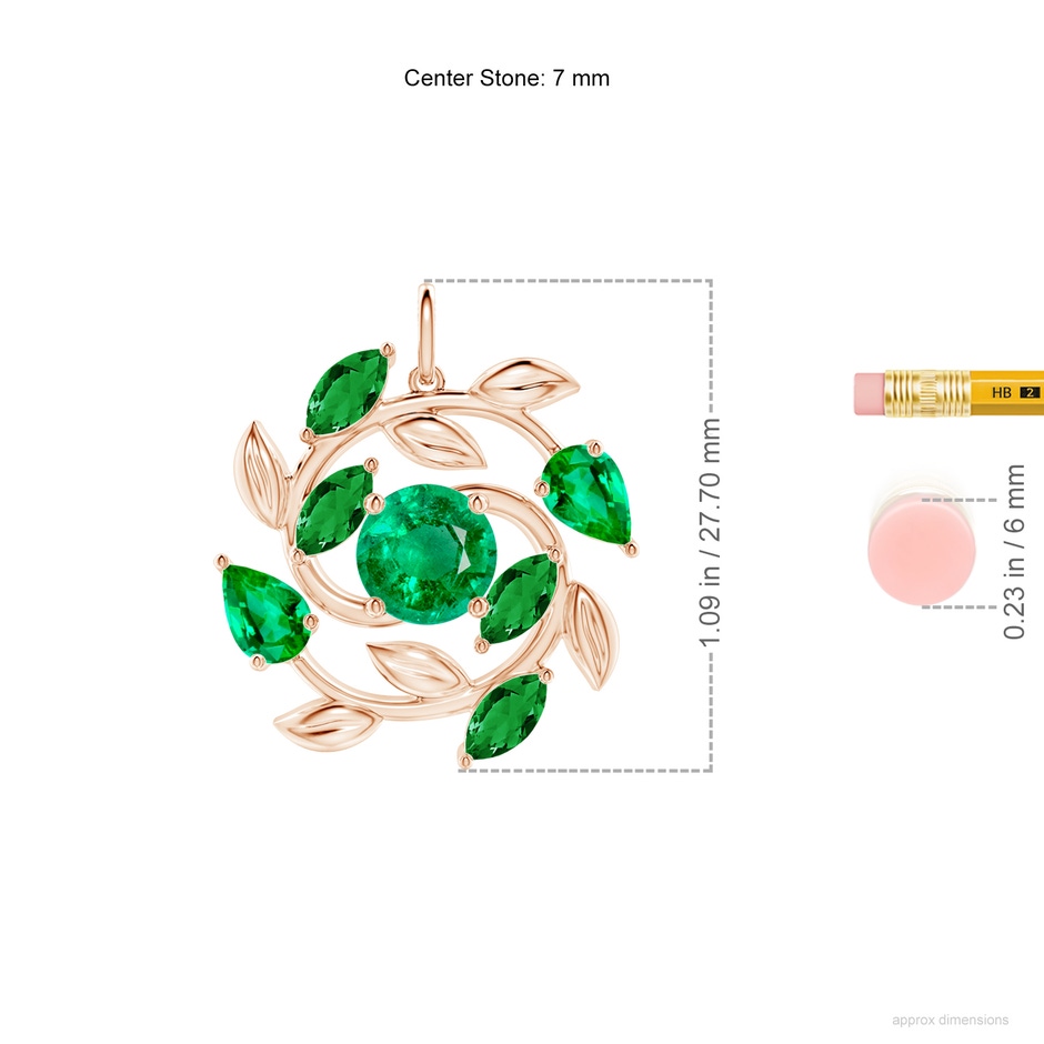 7mm AAA Round and Marquise Emerald Olive Branch Pendant in Rose Gold ruler