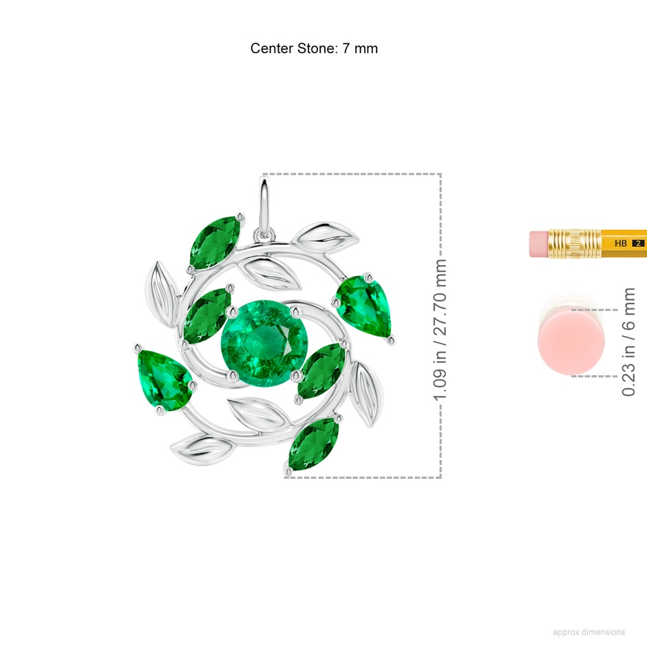 7mm AAA Round and Marquise Emerald Olive Branch Pendant in White Gold ruler