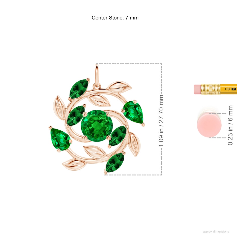 7mm AAAA Round and Marquise Emerald Olive Branch Pendant in Rose Gold ruler