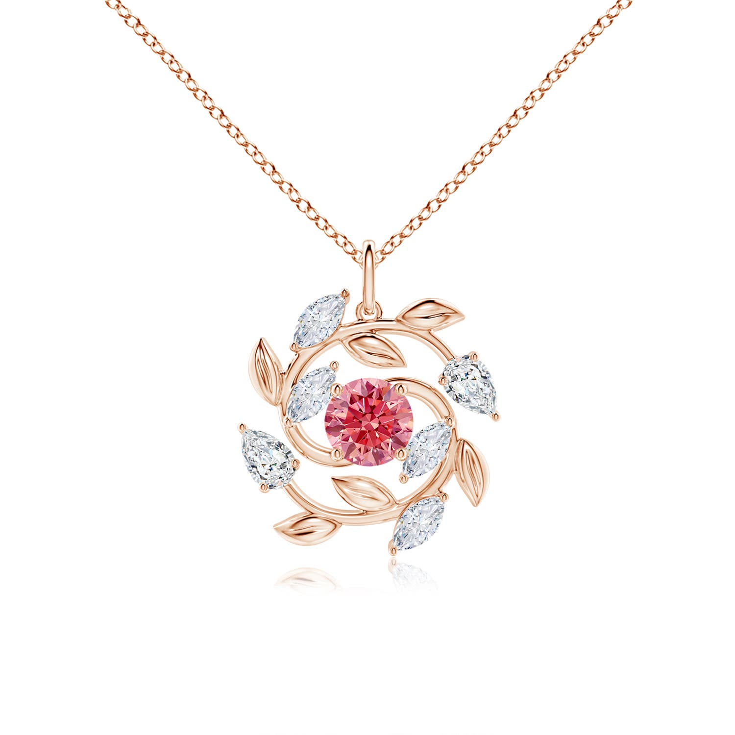 Angara 1.76 CTW Fancy Intense Pink and White Diamond Olive Branch Pendant in 14K Rose Gold