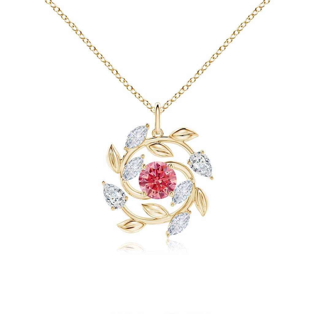 6mm AAAA Fancy Intense Pink and White Diamond Olive Branch Pendant in Yellow Gold