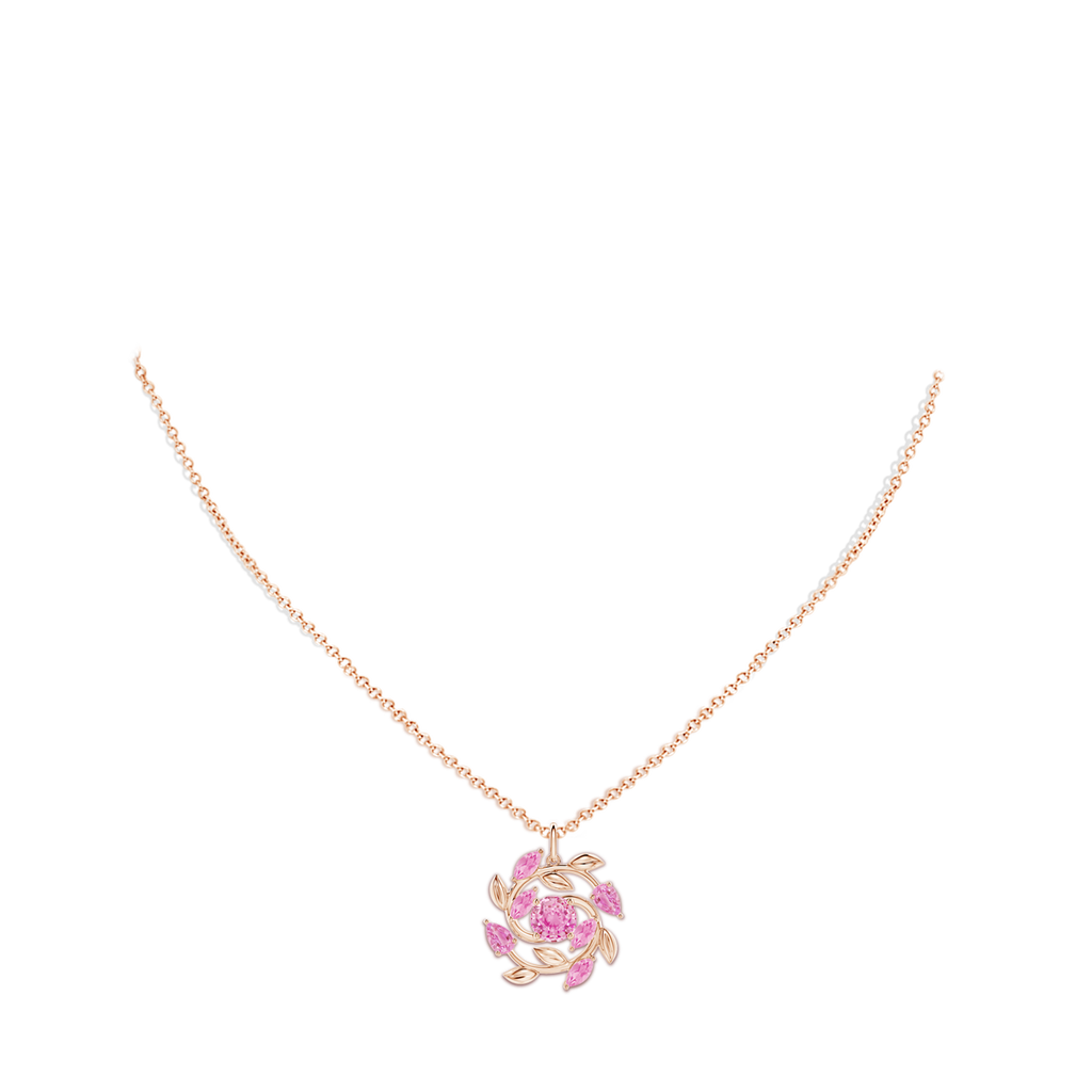 6mm A Round and Marquise Pink Sapphire Olive Branch Pendant in Rose Gold Body-Neck