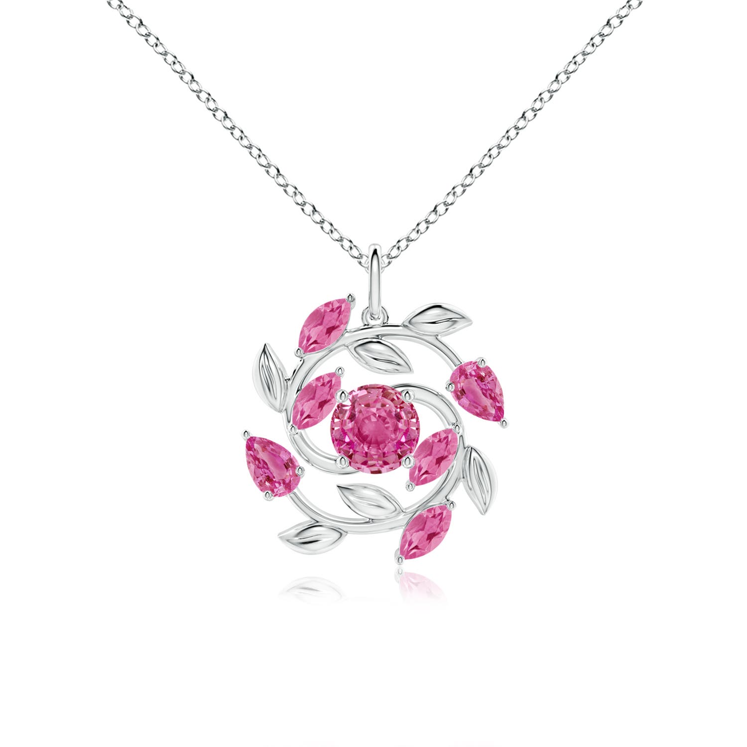 14K White Gold Pink Sapphire and Diamond Cluster Pendant Necklace