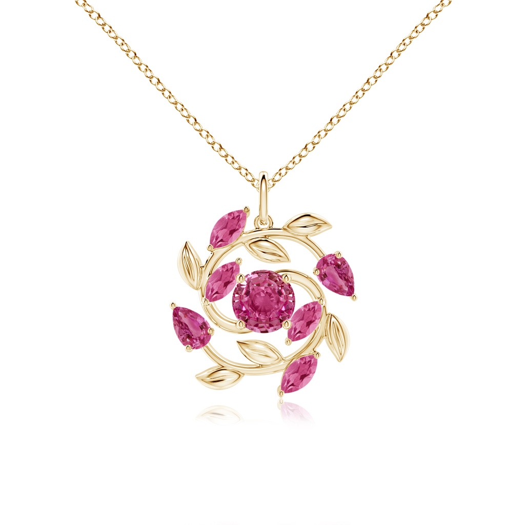6mm AAAA Round and Marquise Pink Sapphire Olive Branch Pendant in Yellow Gold