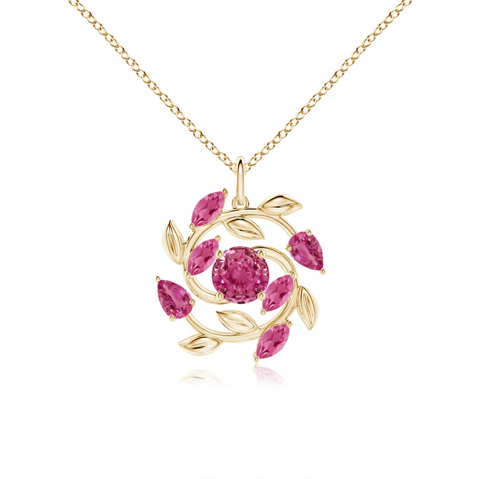 6mm AAAA Round and Marquise Pink Sapphire Olive Branch Pendant in Yellow Gold 