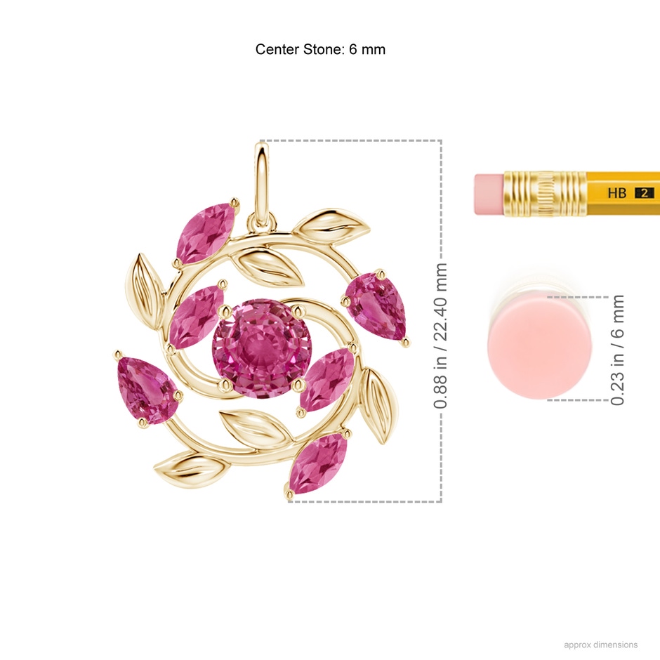 6mm AAAA Round and Marquise Pink Sapphire Olive Branch Pendant in Yellow Gold ruler