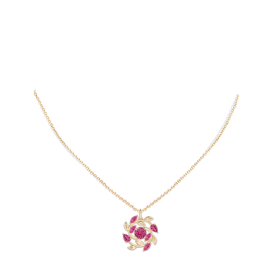 6mm AAAA Round and Marquise Pink Sapphire Olive Branch Pendant in Yellow Gold body-neck