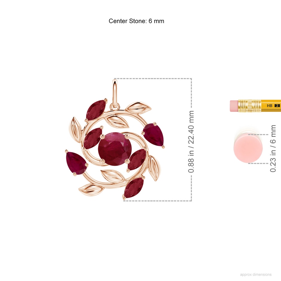 6mm A Round and Marquise Ruby Olive Branch Pendant in Rose Gold ruler