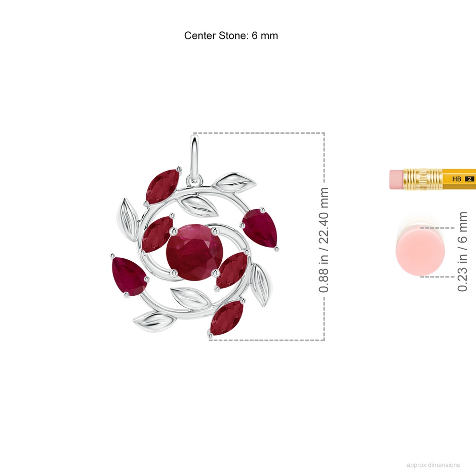 6mm A Round and Marquise Ruby Olive Branch Pendant in White Gold ruler
