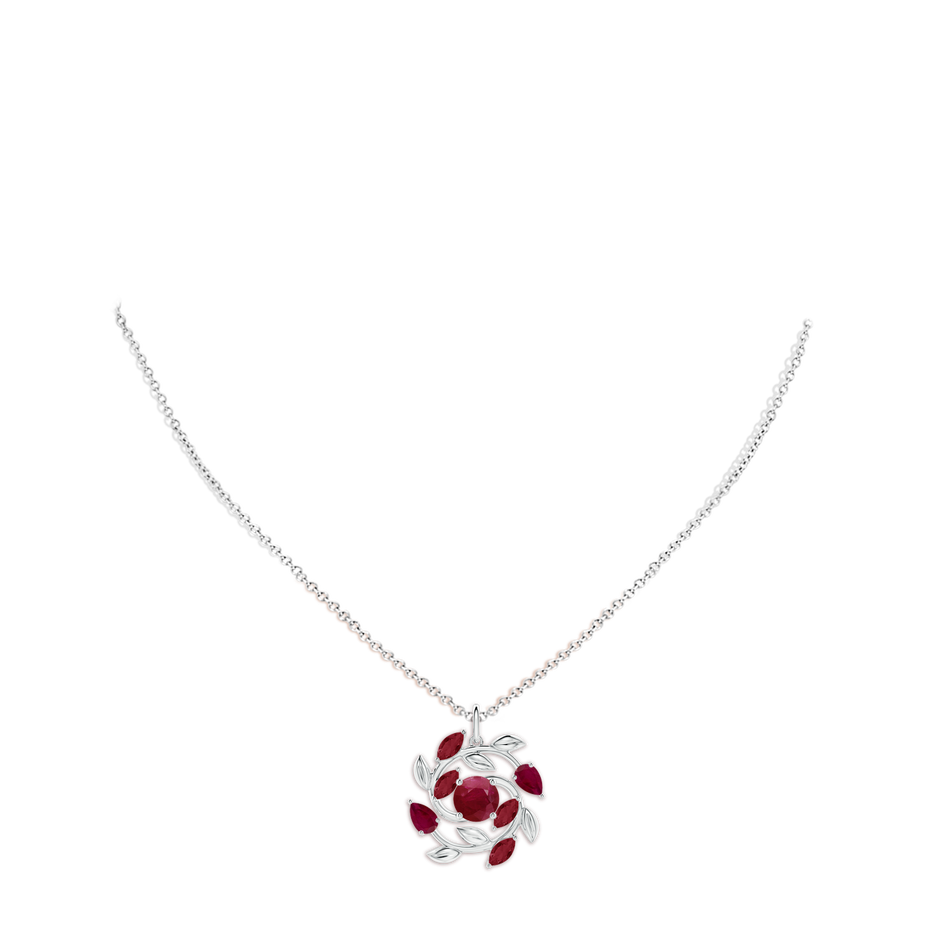6mm A Round and Marquise Ruby Olive Branch Pendant in White Gold pen