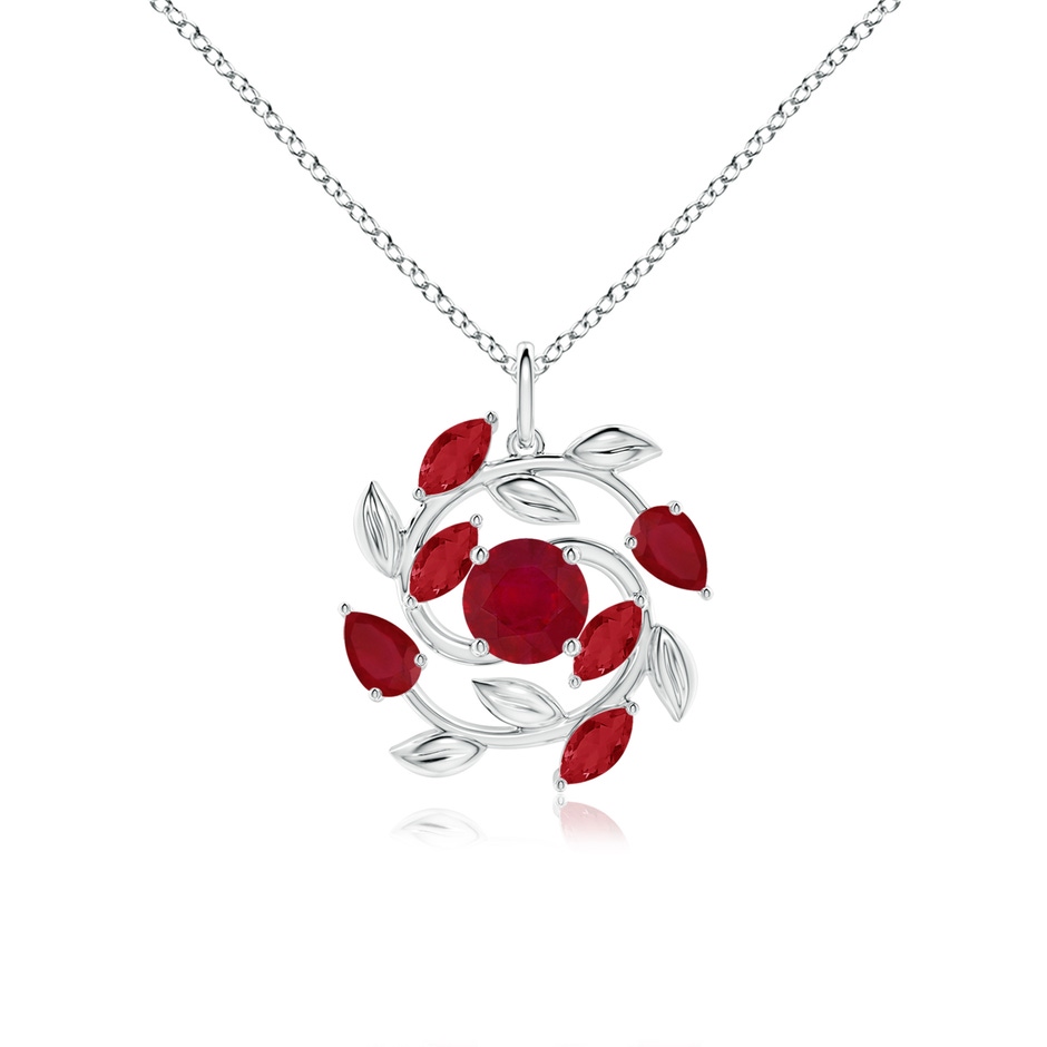 6mm AA Round and Marquise Ruby Olive Branch Pendant in White Gold 