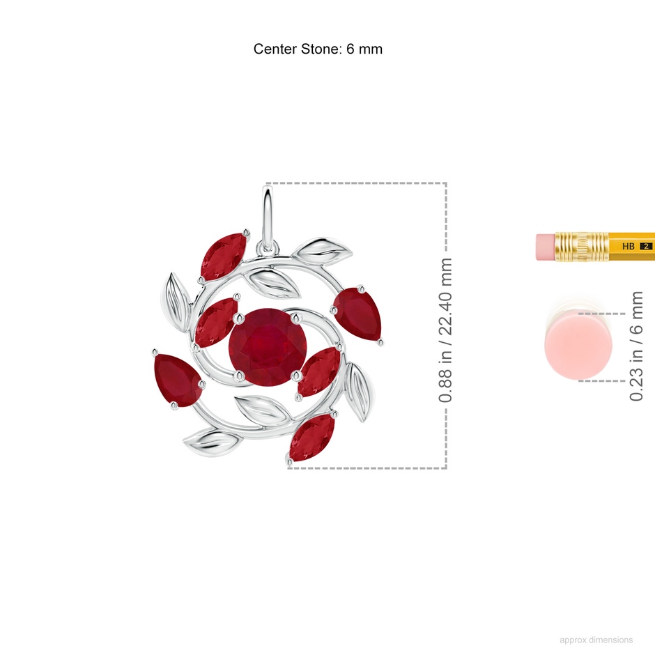 6mm AA Round and Marquise Ruby Olive Branch Pendant in White Gold ruler