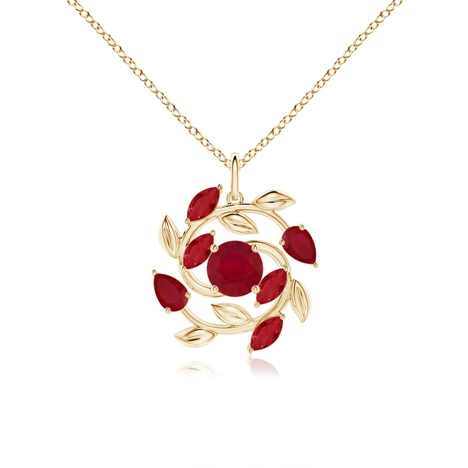 6mm AA Round and Marquise Ruby Olive Branch Pendant in Yellow Gold 