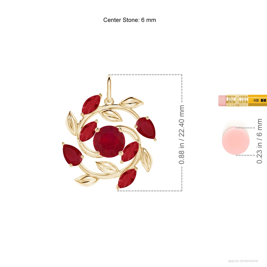 6mm AA Round and Marquise Ruby Olive Branch Pendant in Yellow Gold ruler