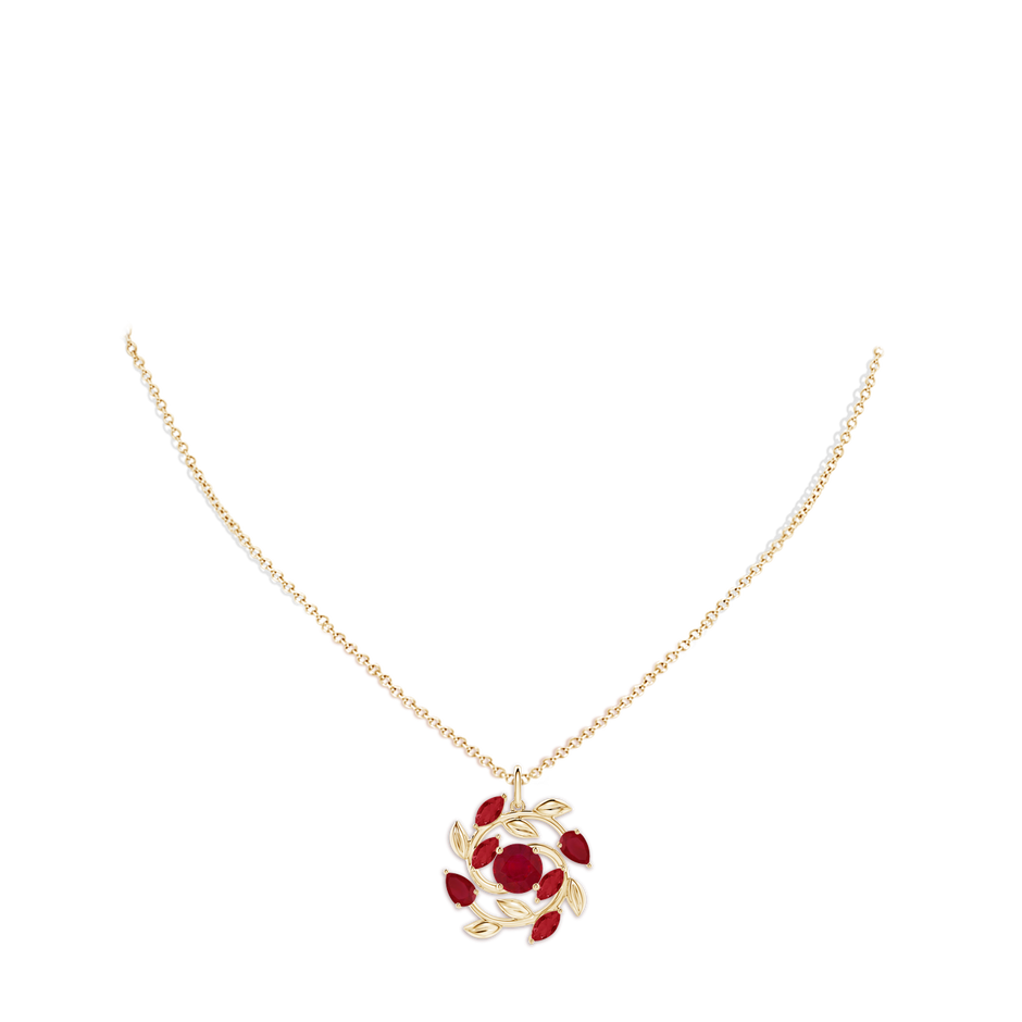 6mm AA Round and Marquise Ruby Olive Branch Pendant in Yellow Gold pen