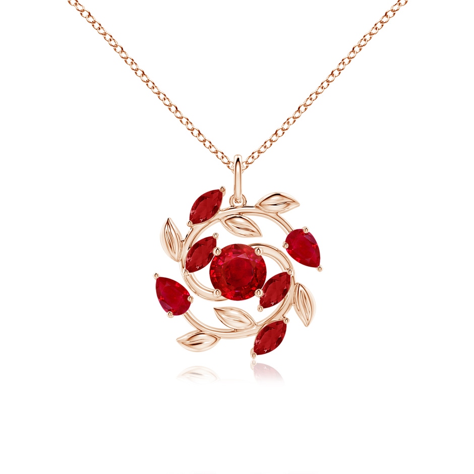 6mm AAA Round and Marquise Ruby Olive Branch Pendant in Rose Gold 