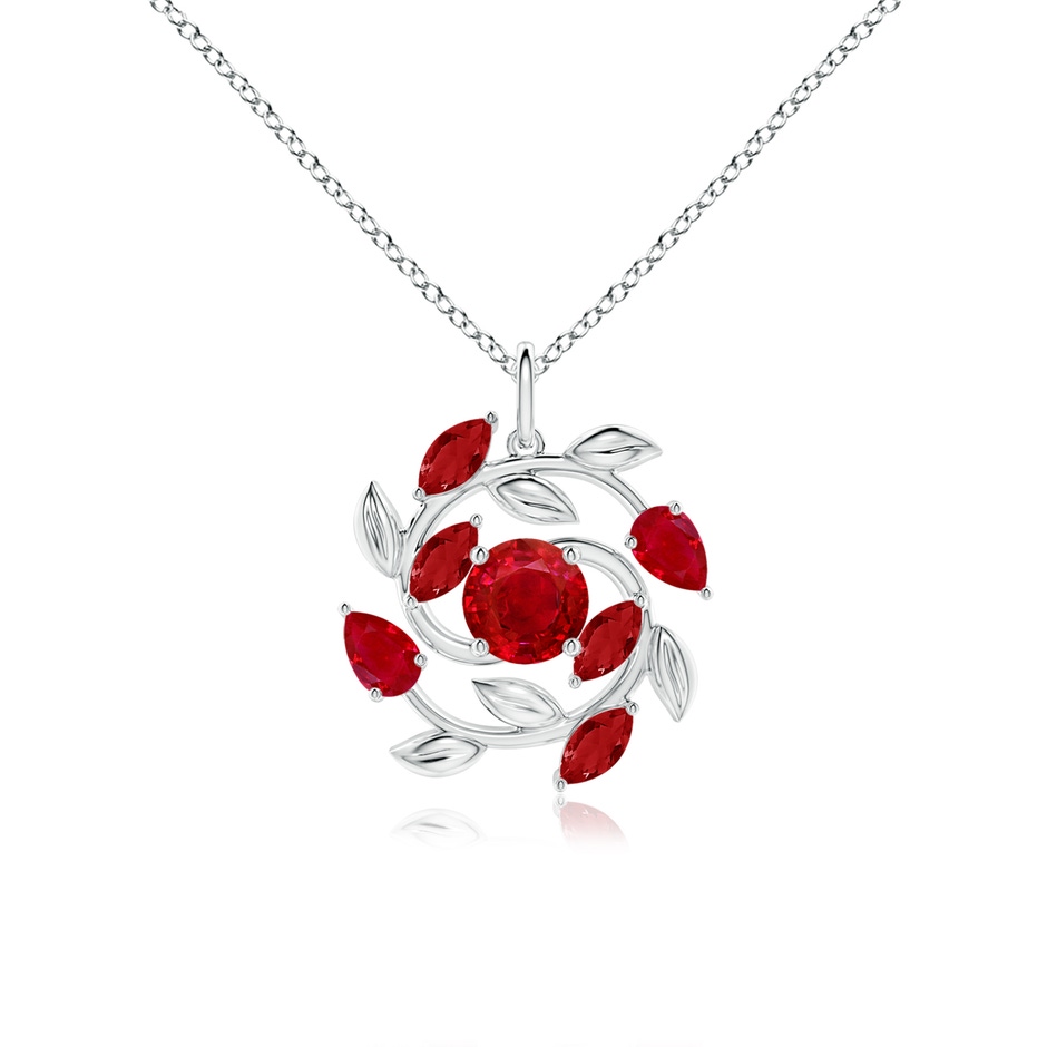 6mm AAA Round and Marquise Ruby Olive Branch Pendant in White Gold 