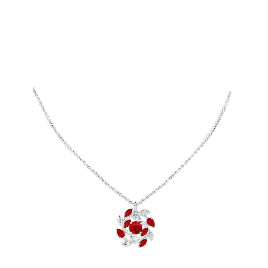 6mm AAA Round and Marquise Ruby Olive Branch Pendant in White Gold pen