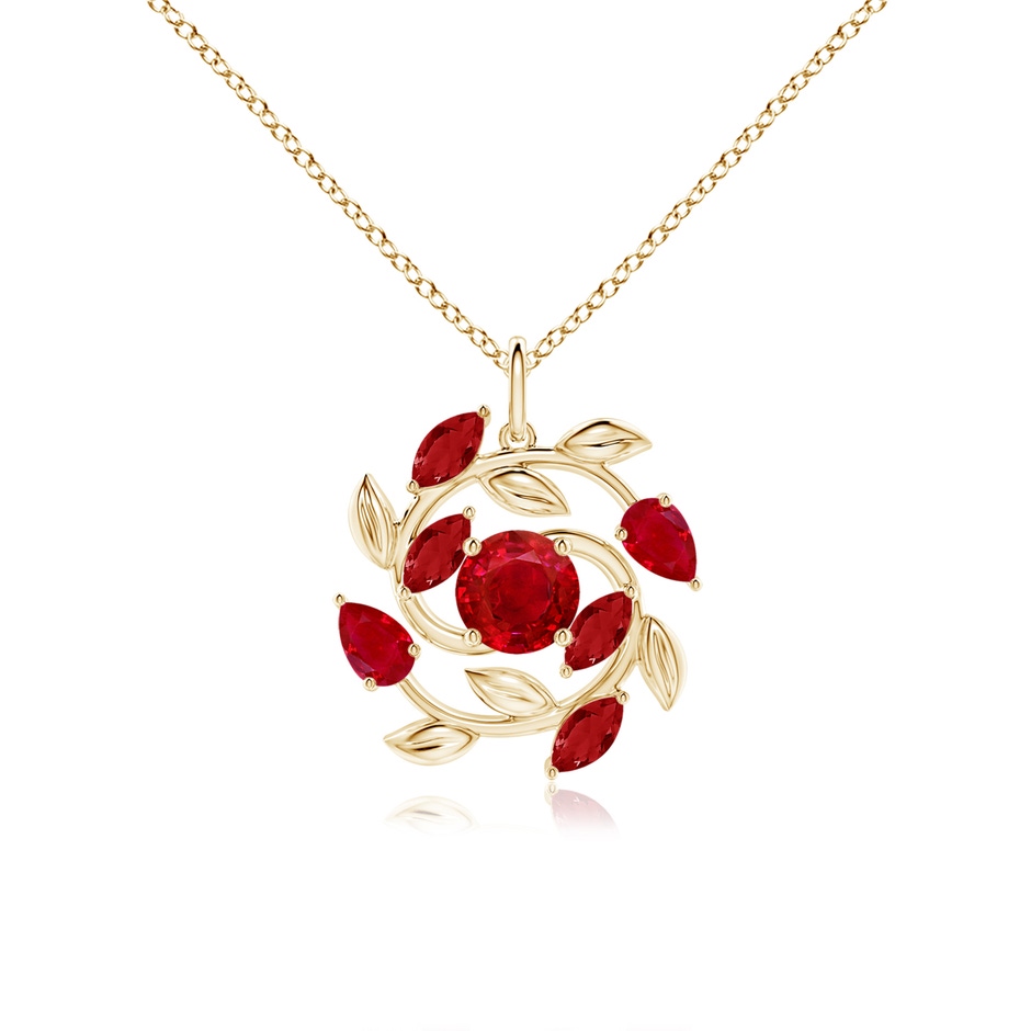 6mm AAA Round and Marquise Ruby Olive Branch Pendant in Yellow Gold 