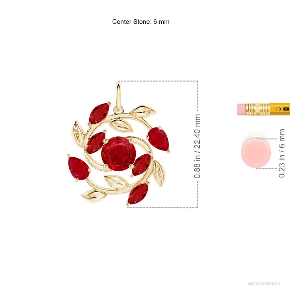 6mm AAA Round and Marquise Ruby Olive Branch Pendant in Yellow Gold ruler