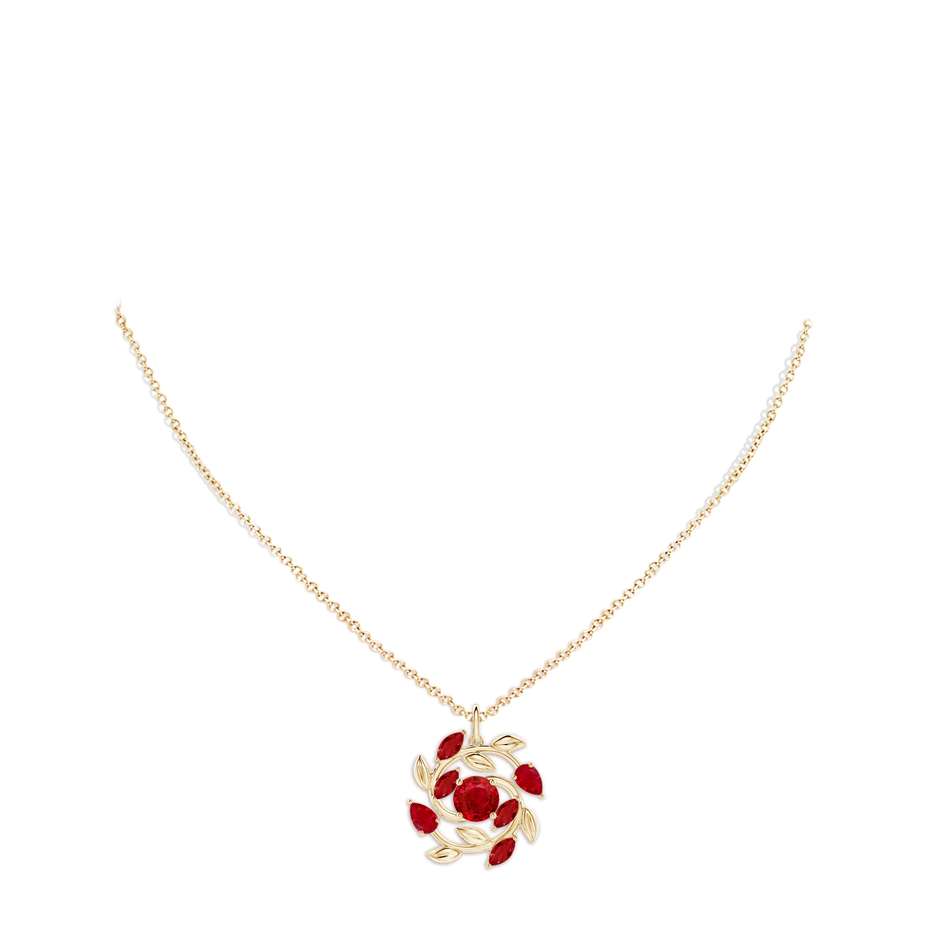 6mm AAA Round and Marquise Ruby Olive Branch Pendant in Yellow Gold pen