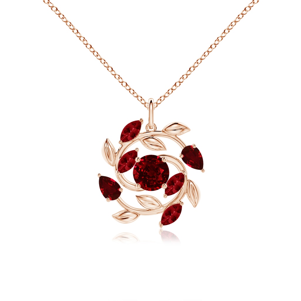 6mm AAAA Round and Marquise Ruby Olive Branch Pendant in Rose Gold