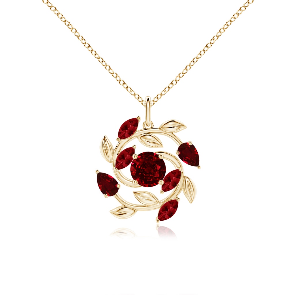 6mm AAAA Round and Marquise Ruby Olive Branch Pendant in Yellow Gold