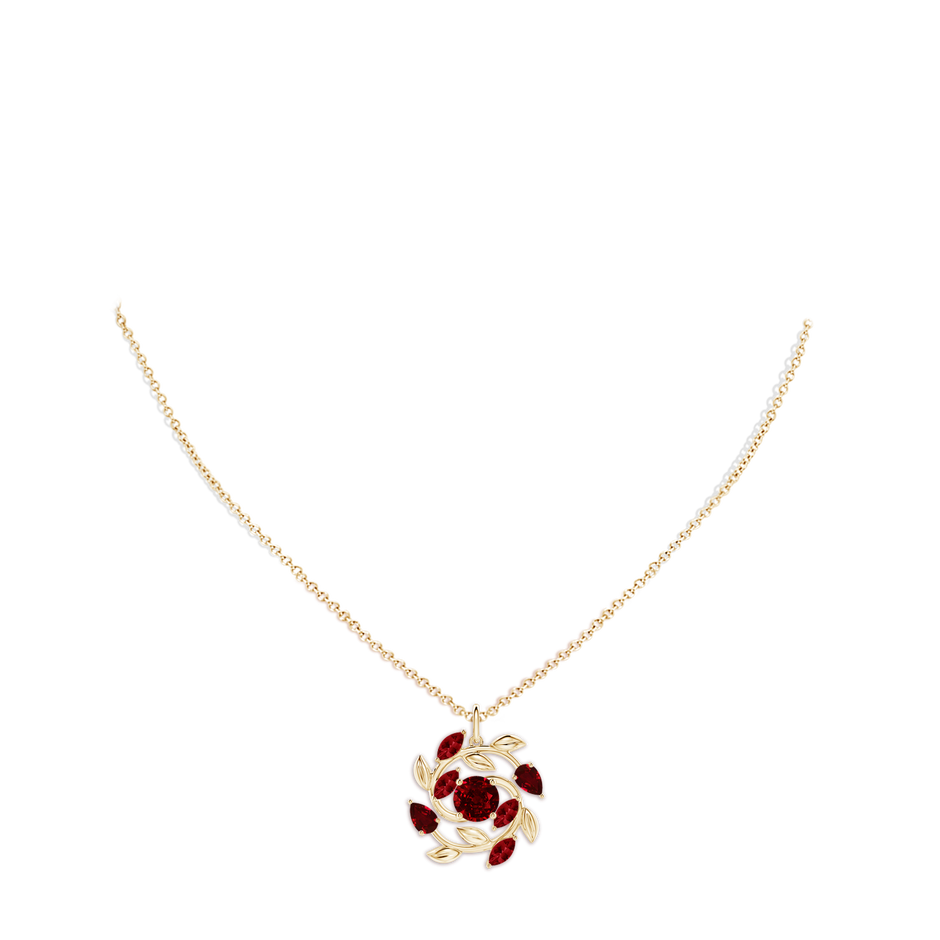 6mm AAAA Round and Marquise Ruby Olive Branch Pendant in Yellow Gold pen