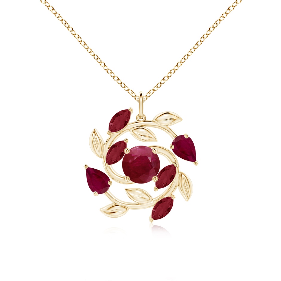 7mm A Round and Marquise Ruby Olive Branch Pendant in 18K Yellow Gold 