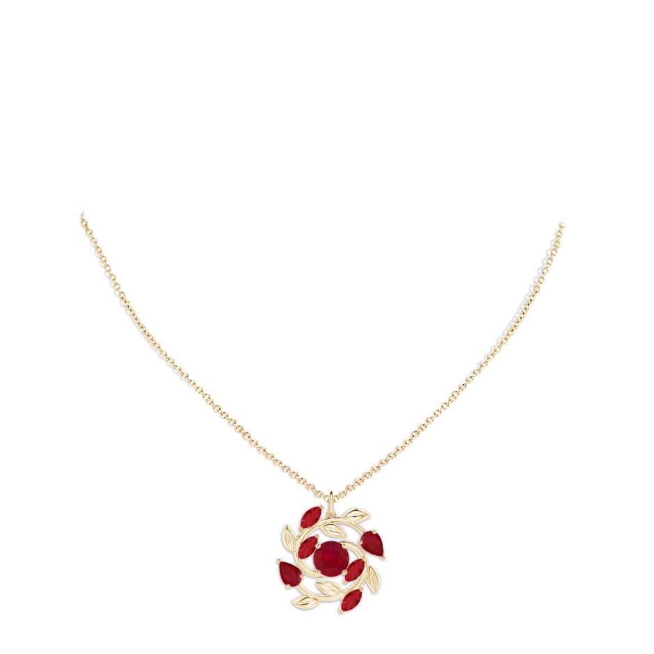7mm AA Round and Marquise Ruby Olive Branch Pendant in Yellow Gold pen