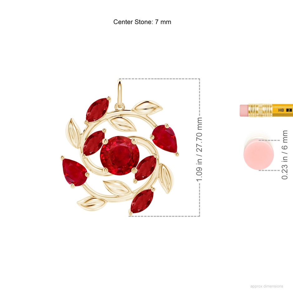 7mm AAA Round and Marquise Ruby Olive Branch Pendant in Yellow Gold ruler