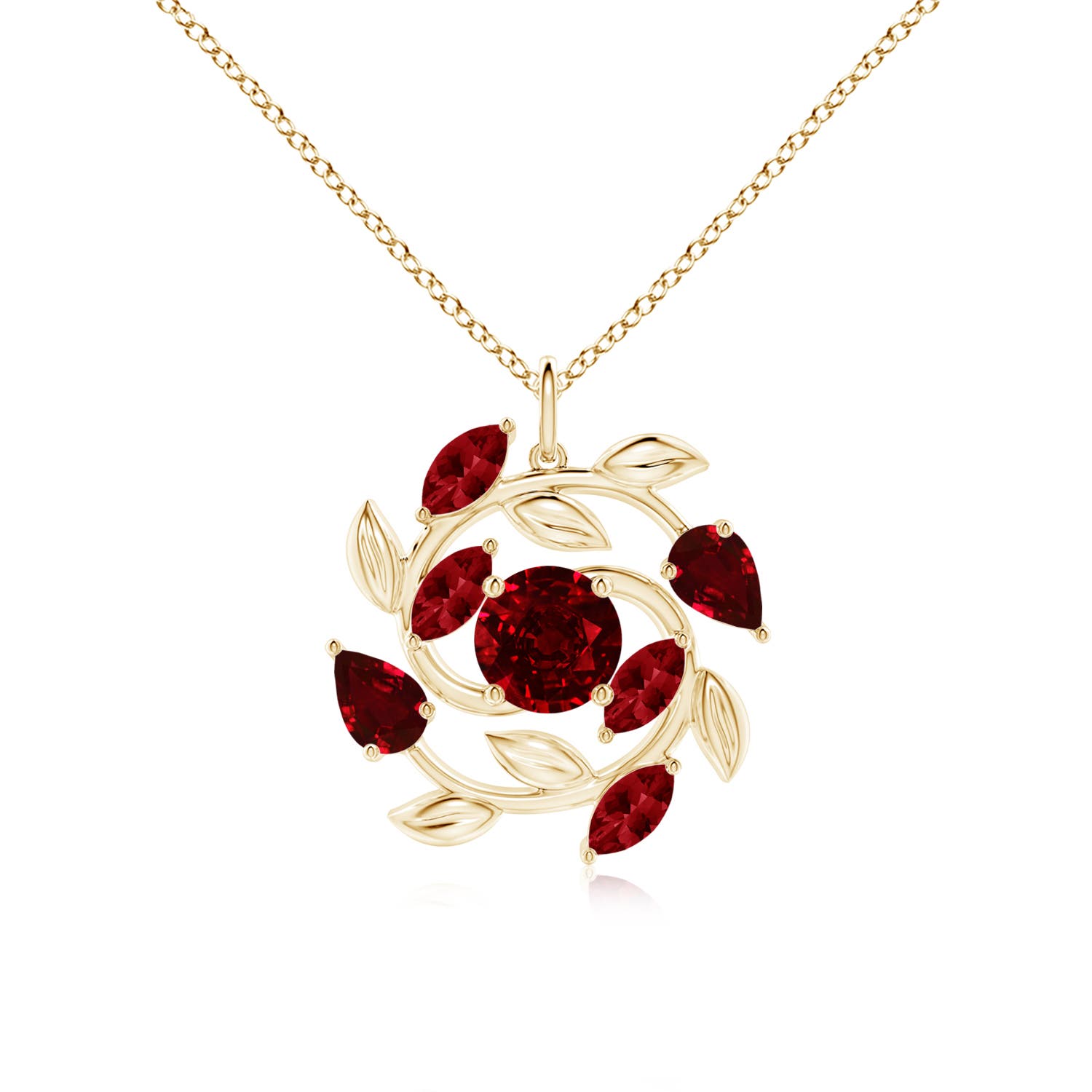 7mm AAAA Round and Marquise Ruby Olive Branch Pendant in 18K Yellow Gold