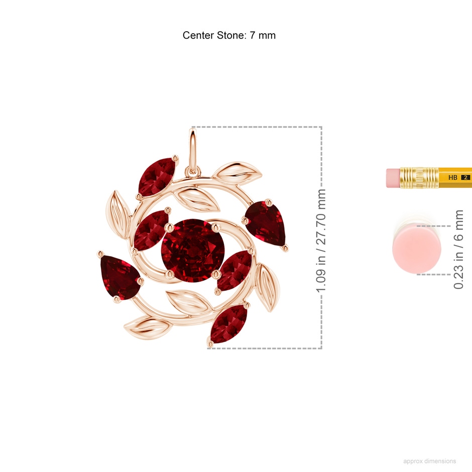 7mm AAAA Round and Marquise Ruby Olive Branch Pendant in Rose Gold ruler