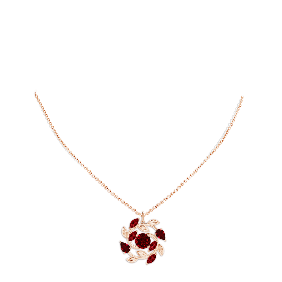 7mm AAAA Round and Marquise Ruby Olive Branch Pendant in Rose Gold pen