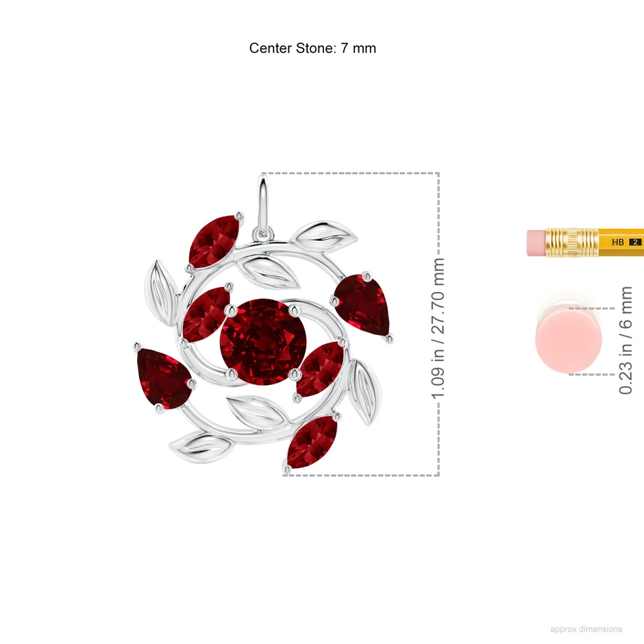 7mm AAAA Round and Marquise Ruby Olive Branch Pendant in White Gold ruler