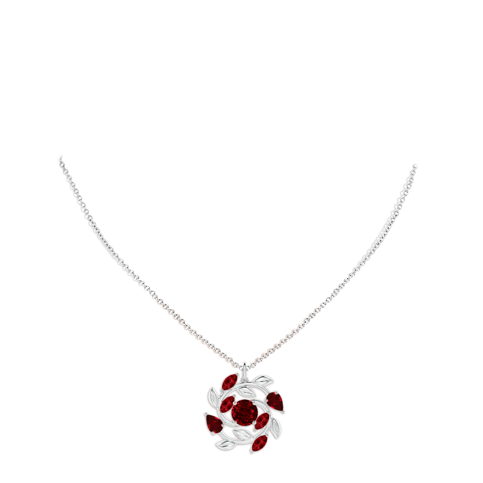 7mm AAAA Round and Marquise Ruby Olive Branch Pendant in White Gold pen