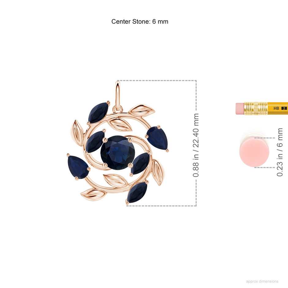 6mm A Round and Marquise Sapphire Olive Branch Pendant in Rose Gold ruler