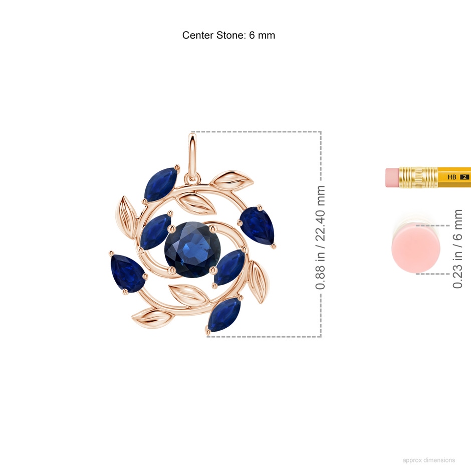 6mm AA Round and Marquise Sapphire Olive Branch Pendant in Rose Gold ruler