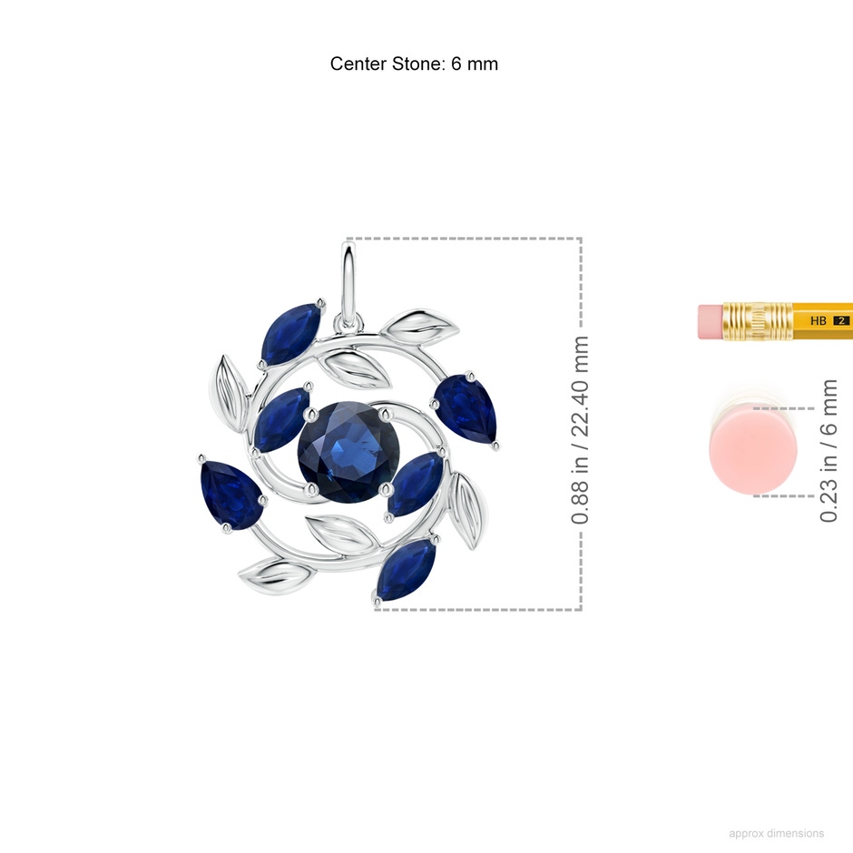 6mm AA Round and Marquise Sapphire Olive Branch Pendant in White Gold ruler