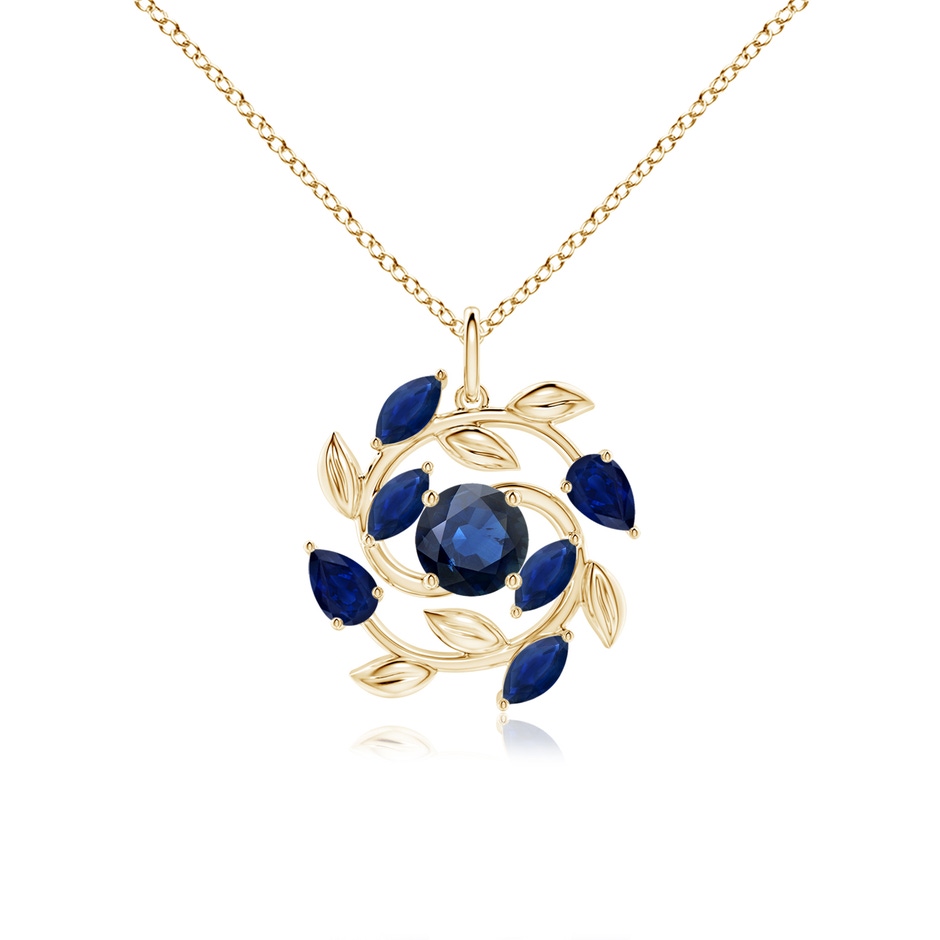 6mm AA Round and Marquise Sapphire Olive Branch Pendant in Yellow Gold 