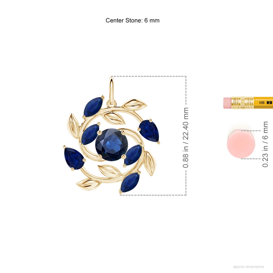 6mm AA Round and Marquise Sapphire Olive Branch Pendant in Yellow Gold ruler