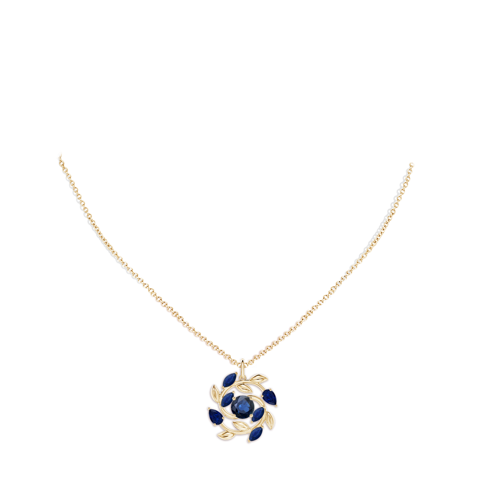 6mm AA Round and Marquise Sapphire Olive Branch Pendant in Yellow Gold pen
