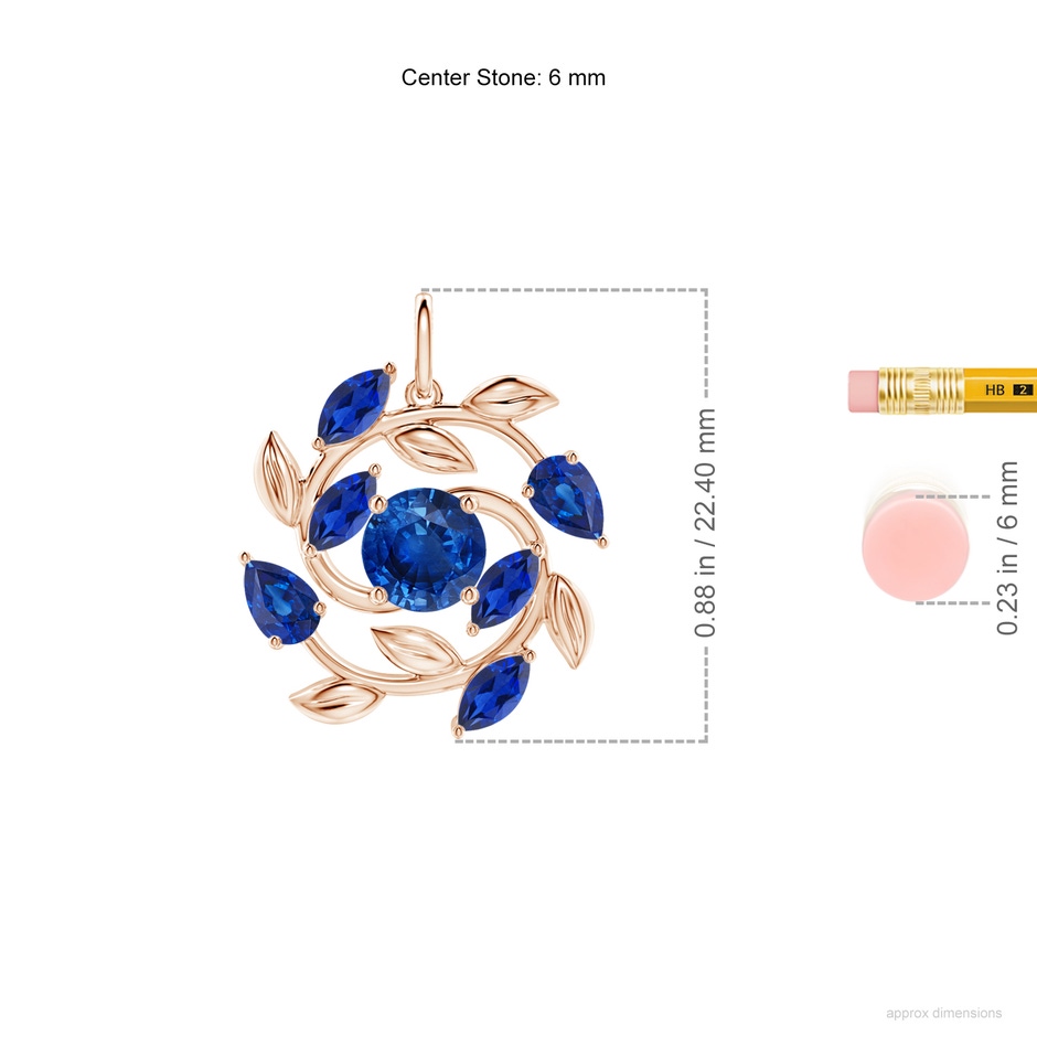 6mm AAA Round and Marquise Sapphire Olive Branch Pendant in Rose Gold ruler