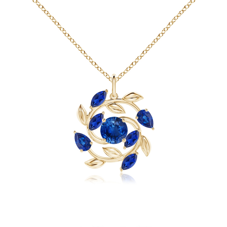 6mm AAA Round and Marquise Sapphire Olive Branch Pendant in Yellow Gold 