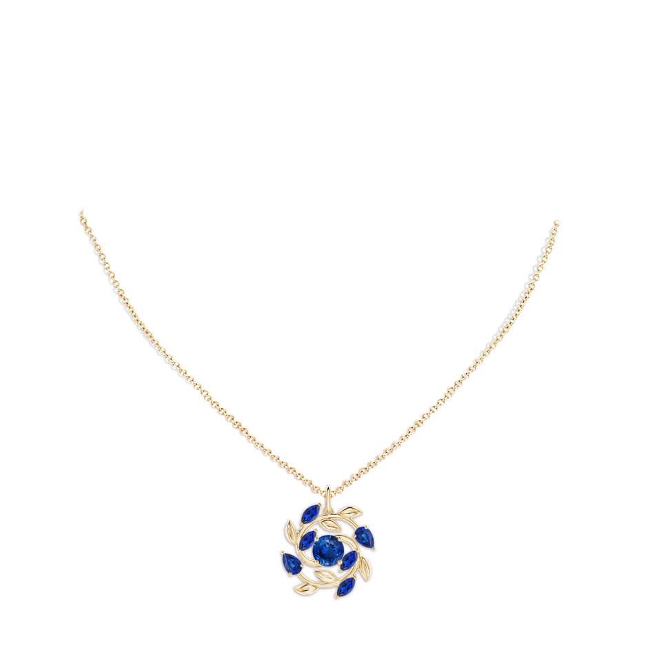 6mm AAA Round and Marquise Sapphire Olive Branch Pendant in Yellow Gold pen