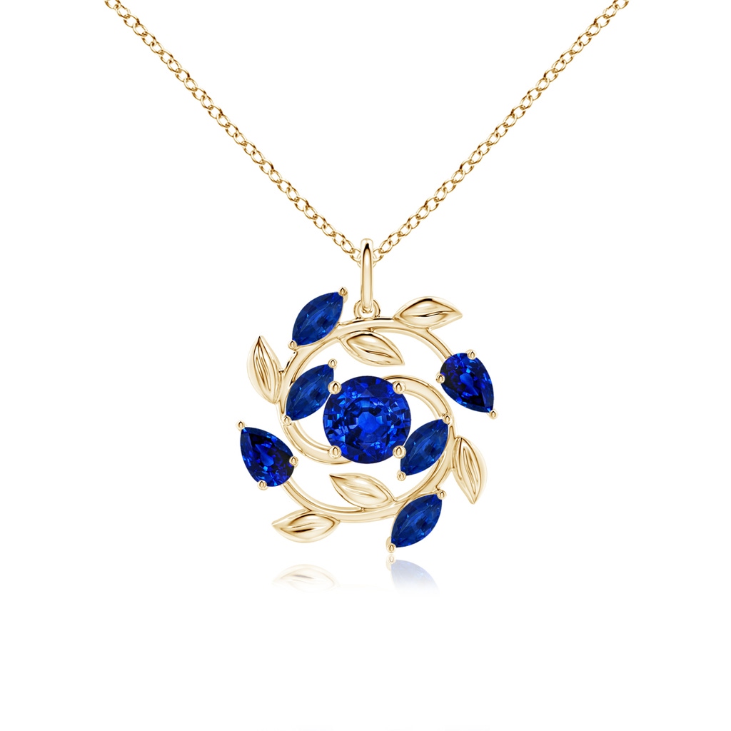 6mm AAAA Round and Marquise Sapphire Olive Branch Pendant in 18K Yellow Gold