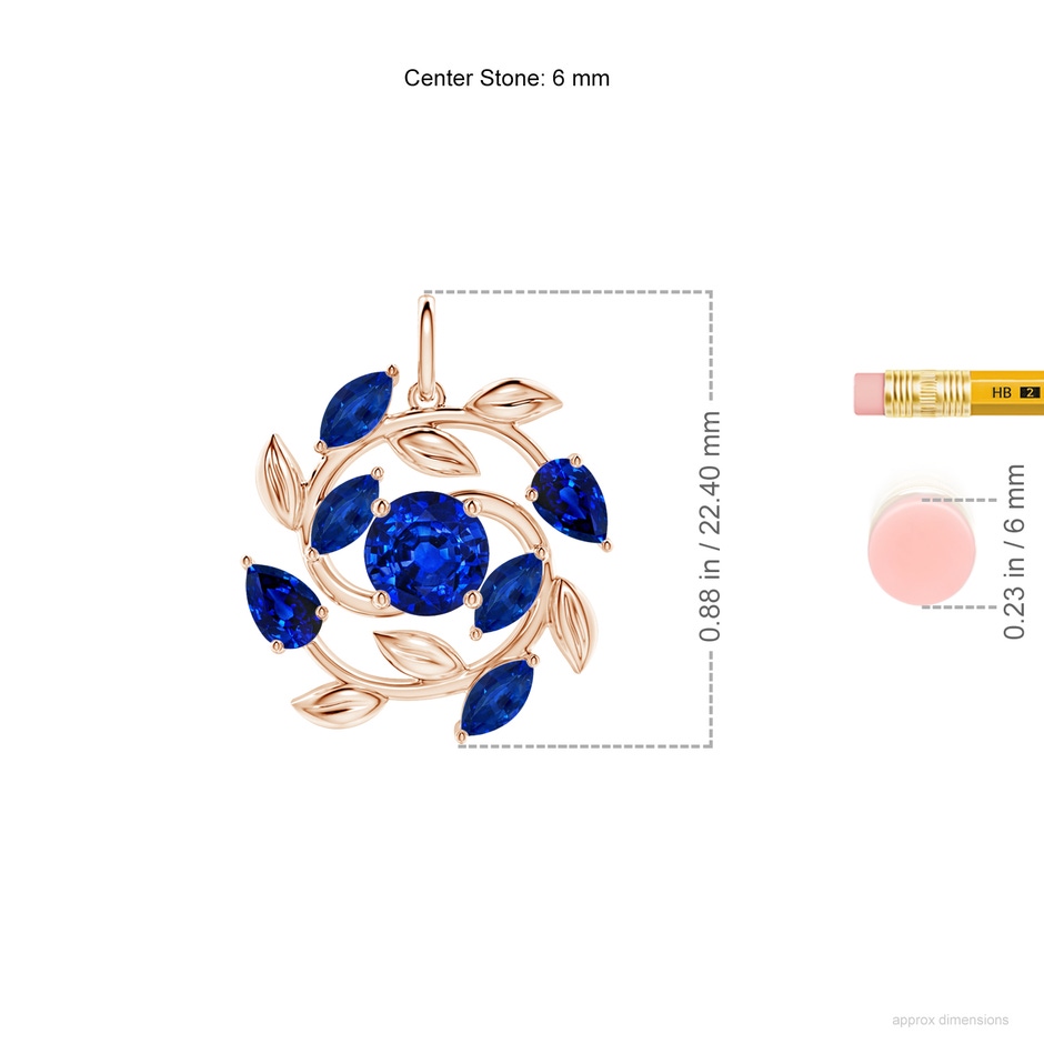 6mm AAAA Round and Marquise Sapphire Olive Branch Pendant in Rose Gold ruler