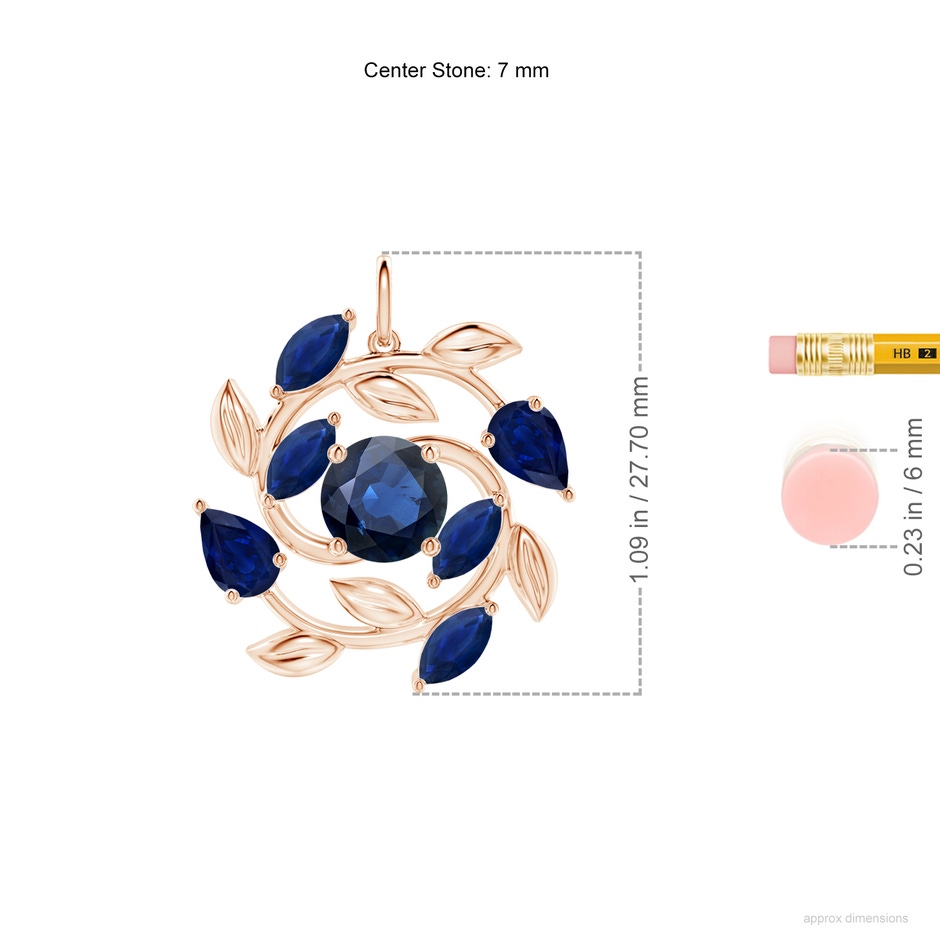 7mm AA Round and Marquise Sapphire Olive Branch Pendant in Rose Gold ruler