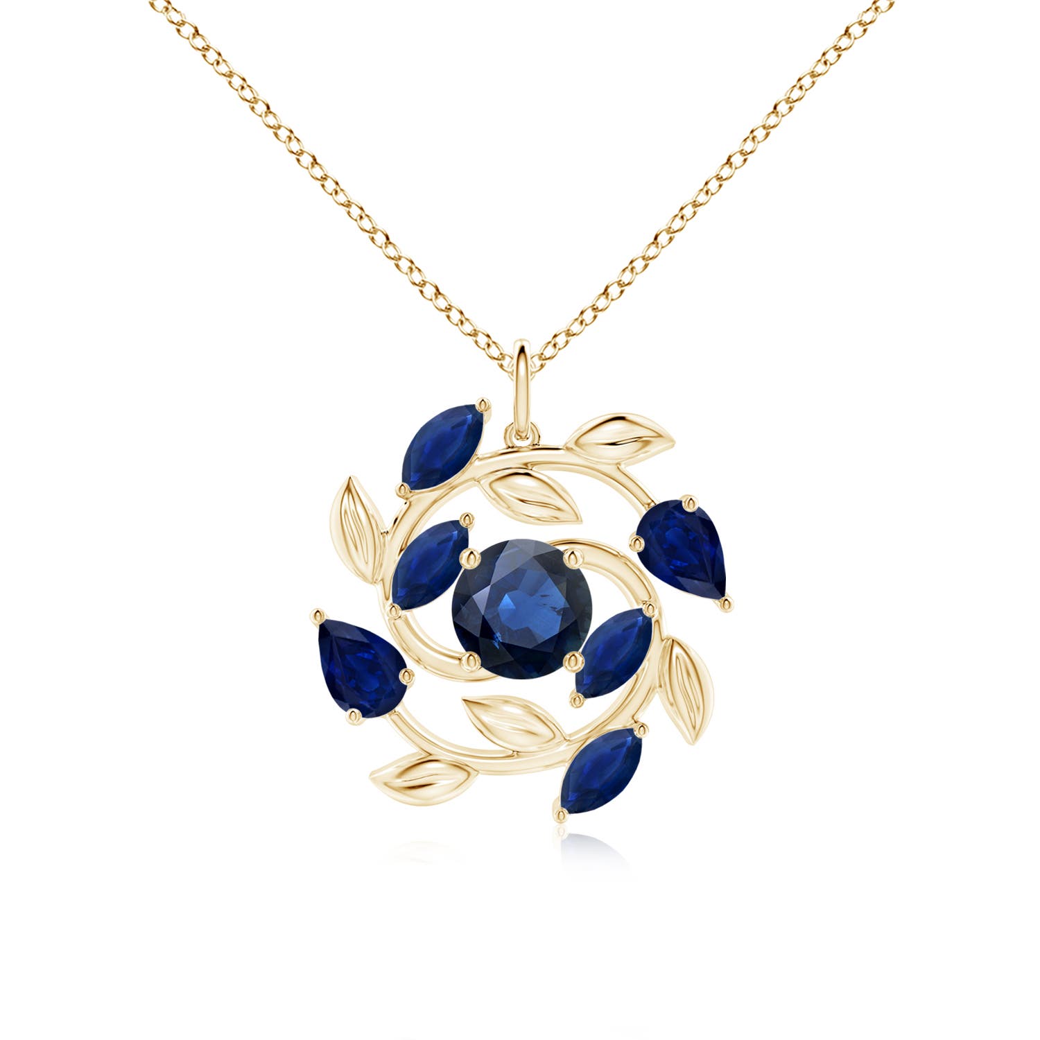 7mm AA Round and Marquise Sapphire Olive Branch Pendant in Yellow Gold
